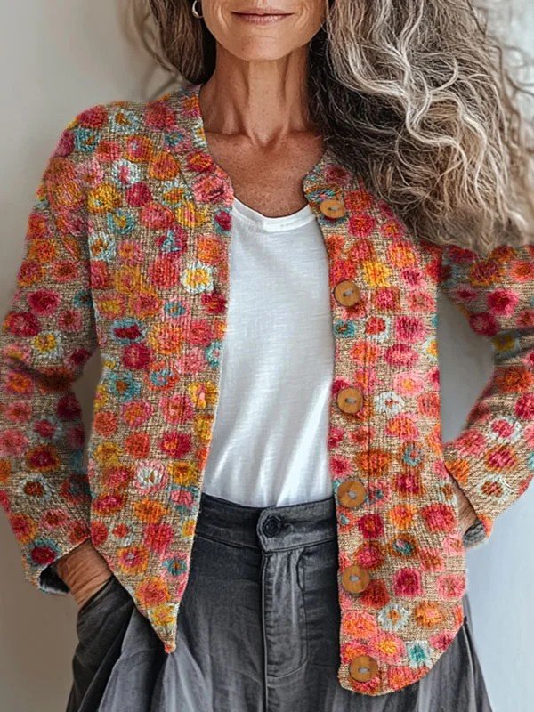 Knitted Floral Crew Neck Vintage Cardigan