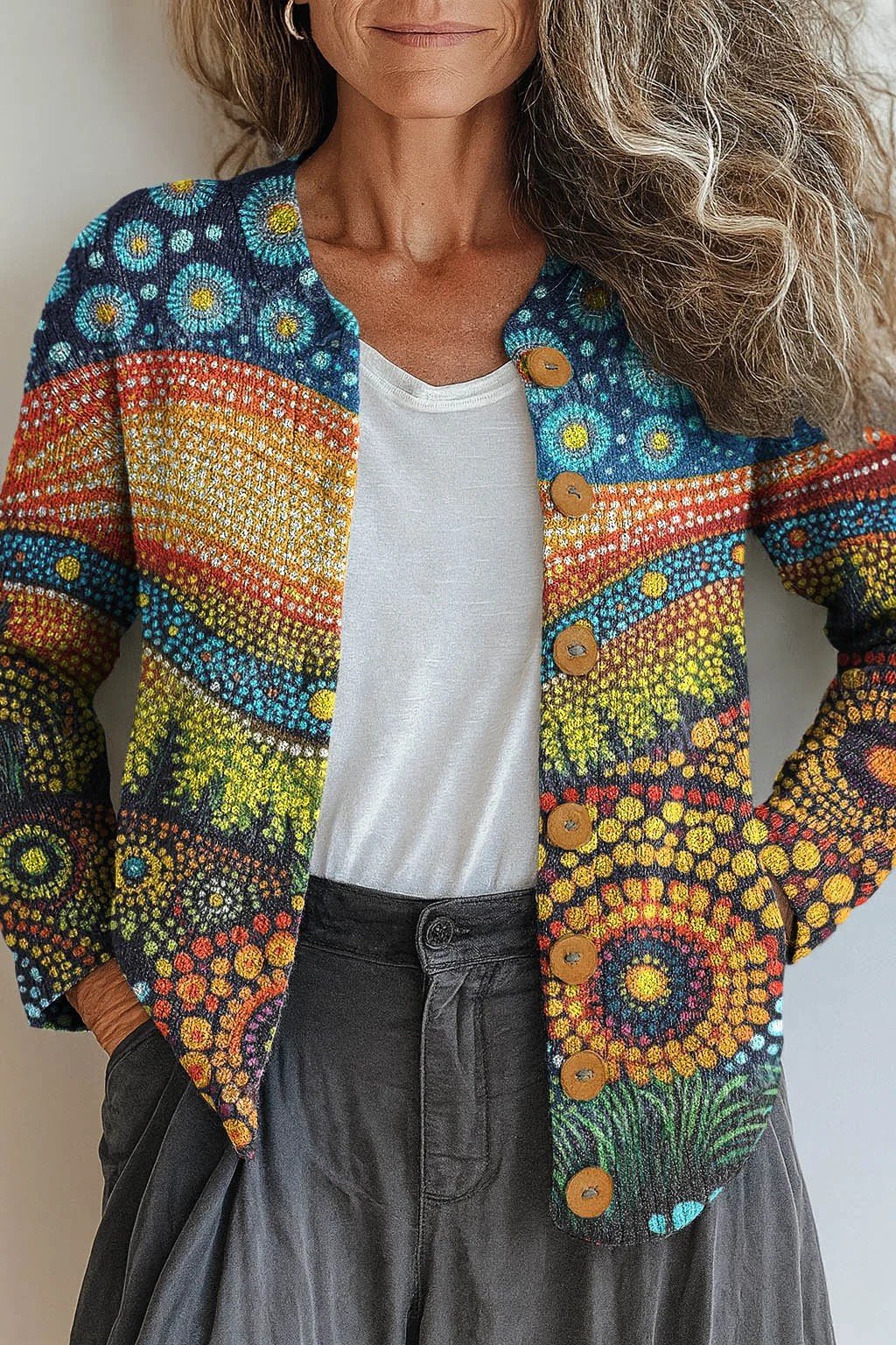 Loose Gradient Pattern Casual Crew Neck Cardigan