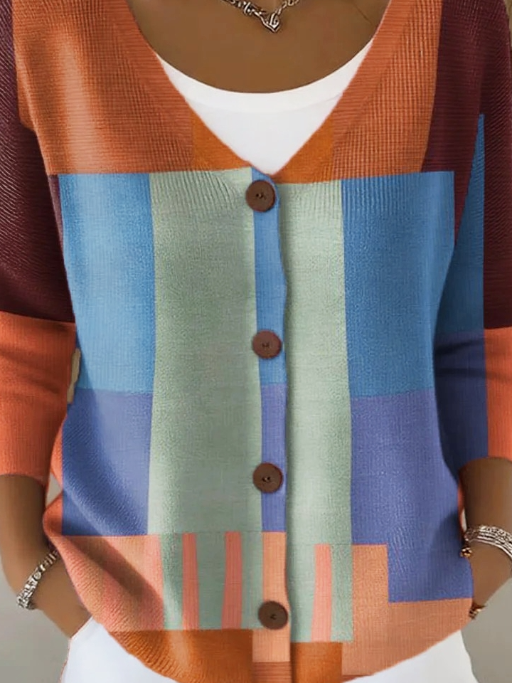 V Neck Vintage Multicolor Block Loose Cardigan