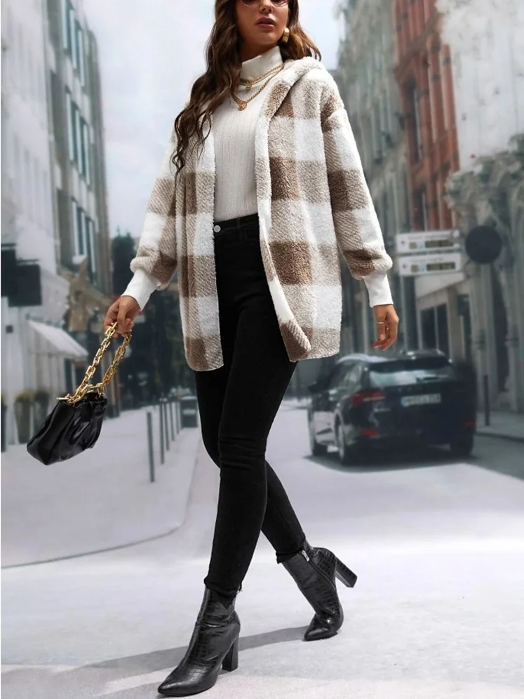 Plaid Urban Pocket Stitching Hooded Jacket