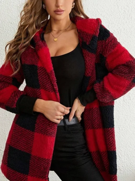 Plaid Urban Pocket Stitching Hooded Jacket