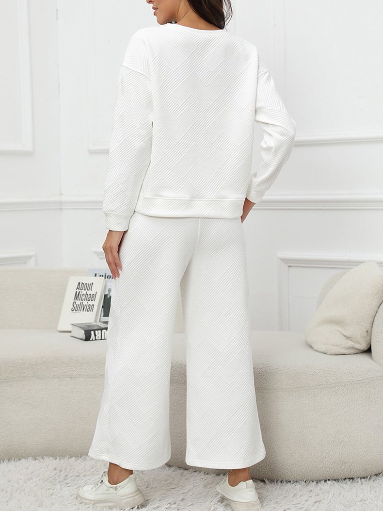 Women's Embossed Plain Daily Going Out Two-Piece Set White Casual Spring/Fall Top With Pants Matching Set