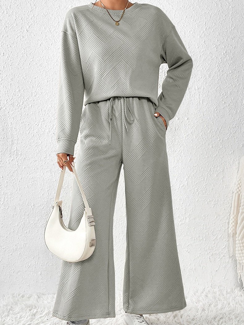 Women's Embossed Plain Daily Going Out Two-Piece Set White Casual Spring/Fall Top With Pants Matching Set