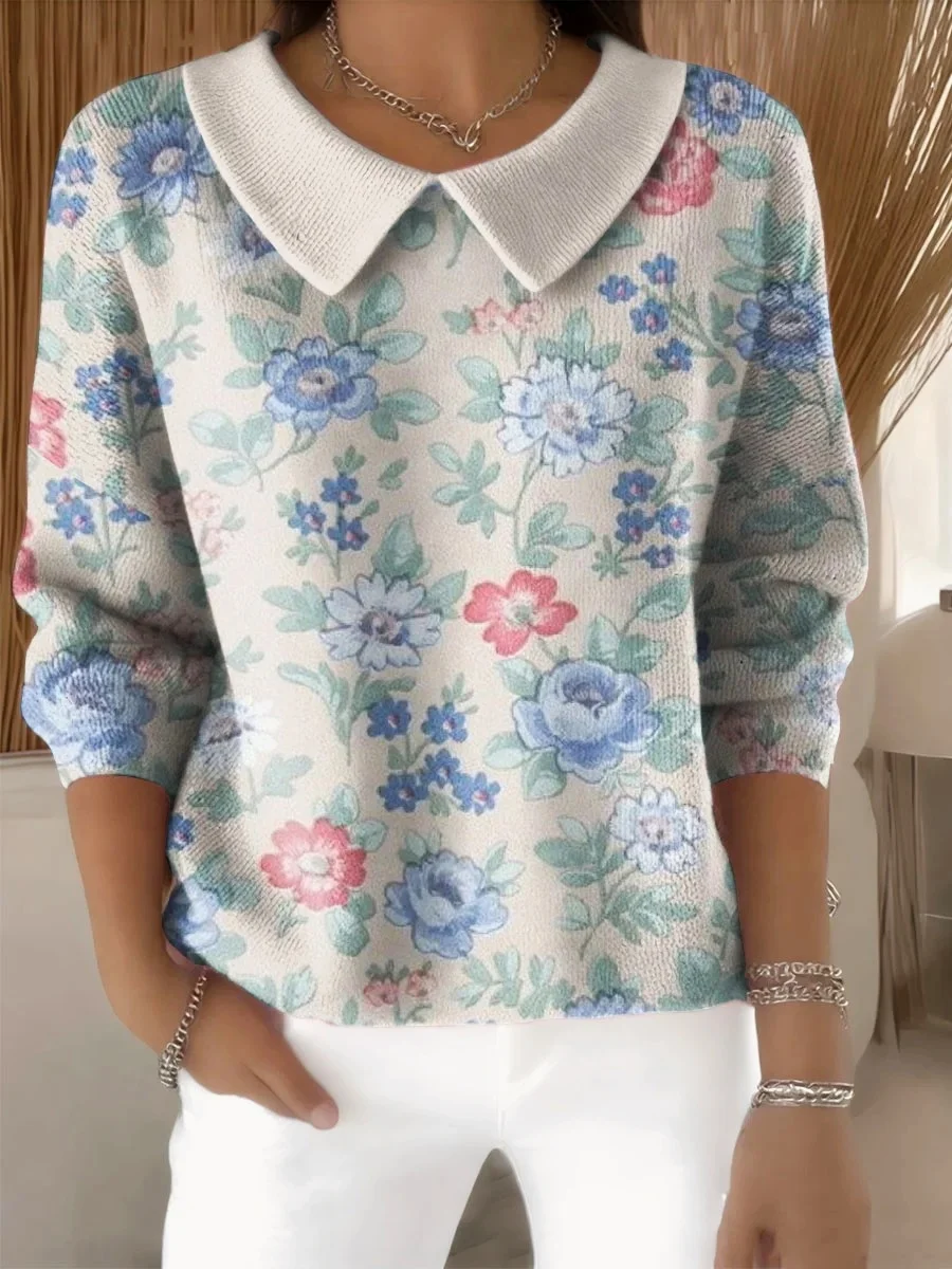 Shawl Collar Casual Floral Imitation Cashmere Sweater
