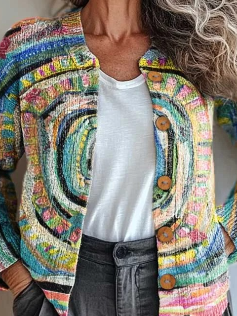 Knitted Loose Vintage Crew Neck Cardigan