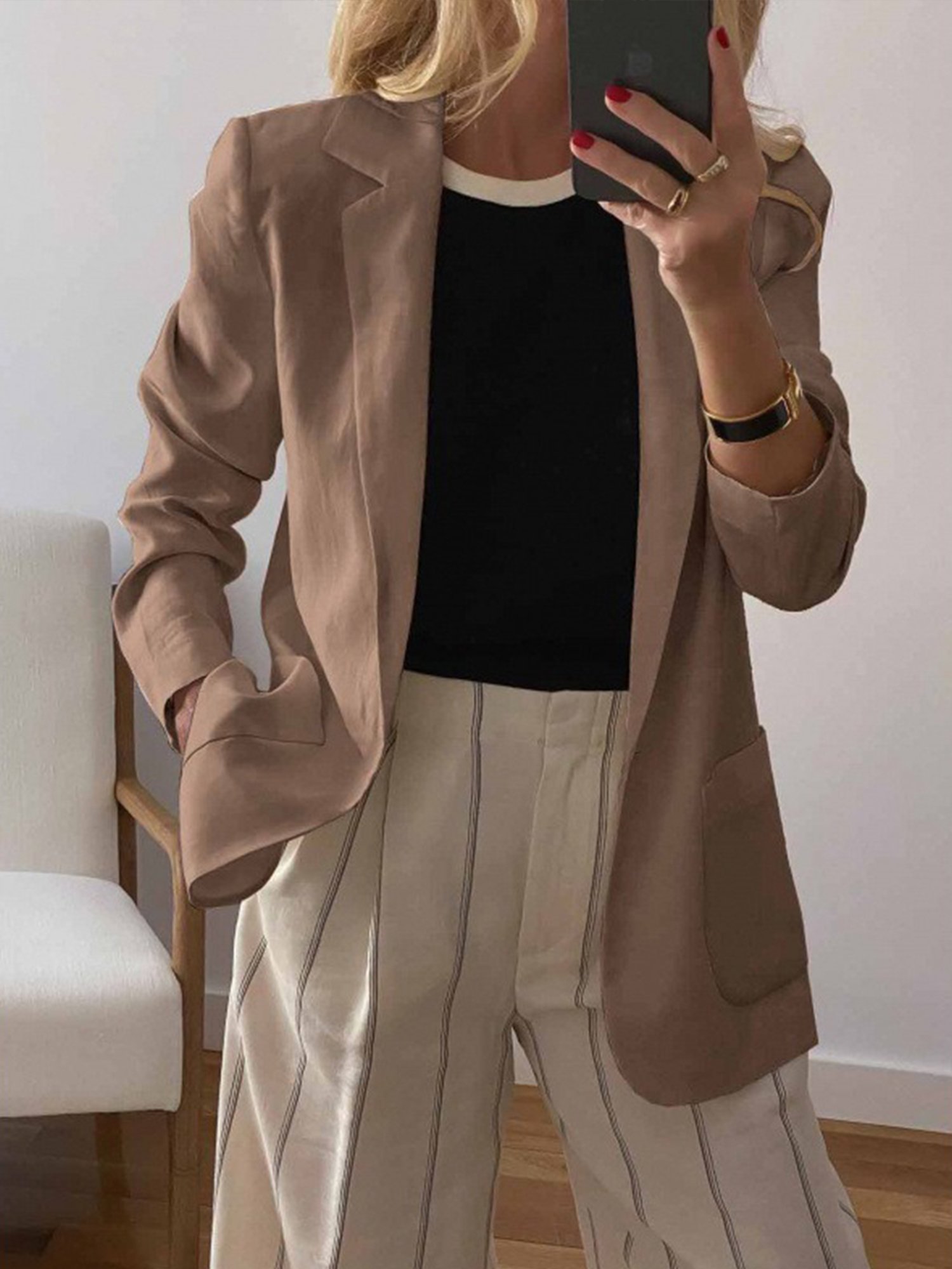 Casual Regular Sleeve Plain Lapel Collar Blazer