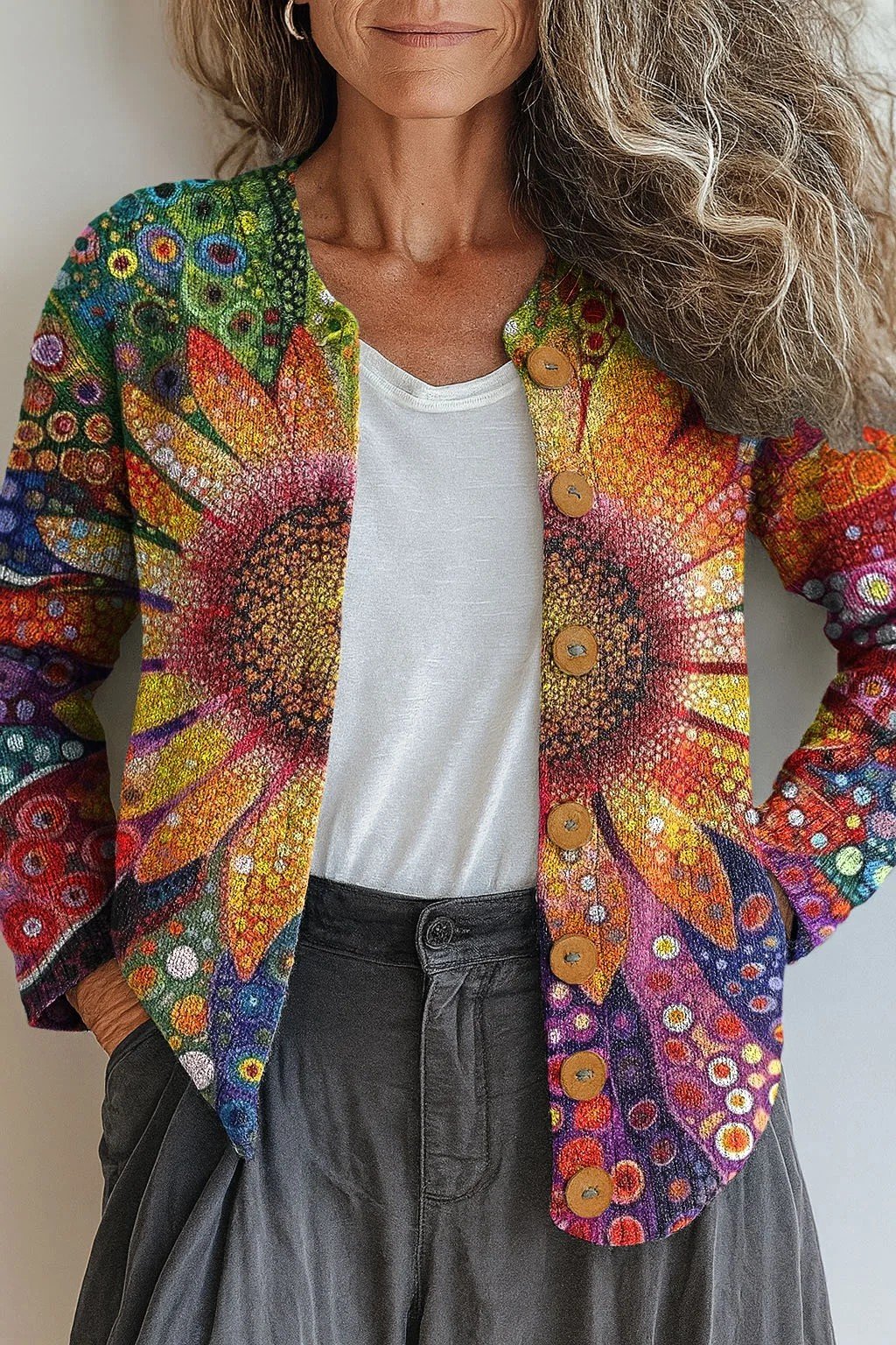 Loose Gradient Pattern Casual Crew Neck Cardigan
