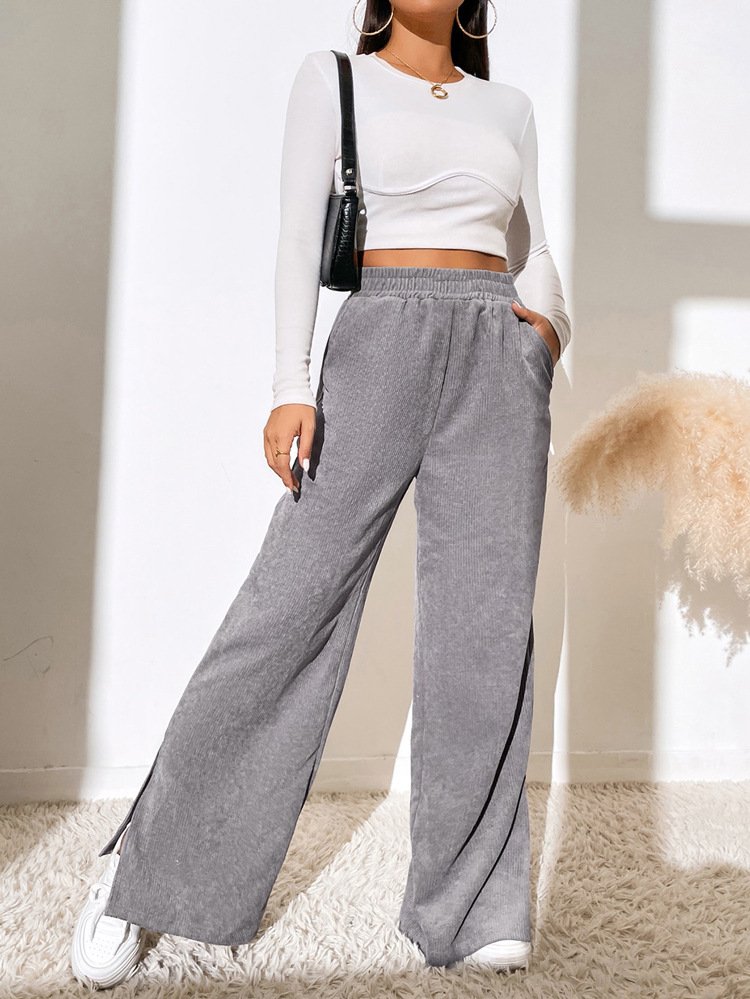 Women's  Elastic Waist H-Line Wide Leg Pants Daily Going Out Pants Deep Brown Casual Split Joint Plain Spring/Fall Pants