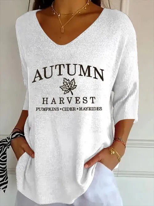 V Neck Simple Loose Letter Pattern T-Shirt
