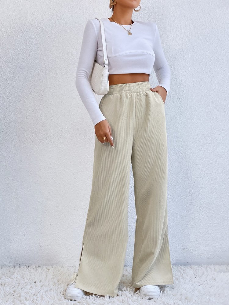 Women's  Elastic Waist H-Line Wide Leg Pants Daily Going Out Pants Deep Brown Casual Split Joint Plain Spring/Fall Pants