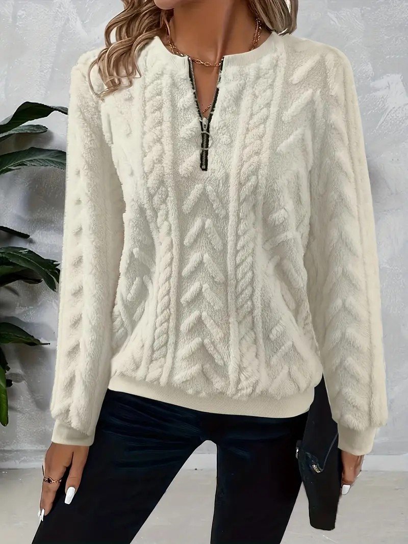 Plain Faux Fur Simple Crew Neck Sweatshirt