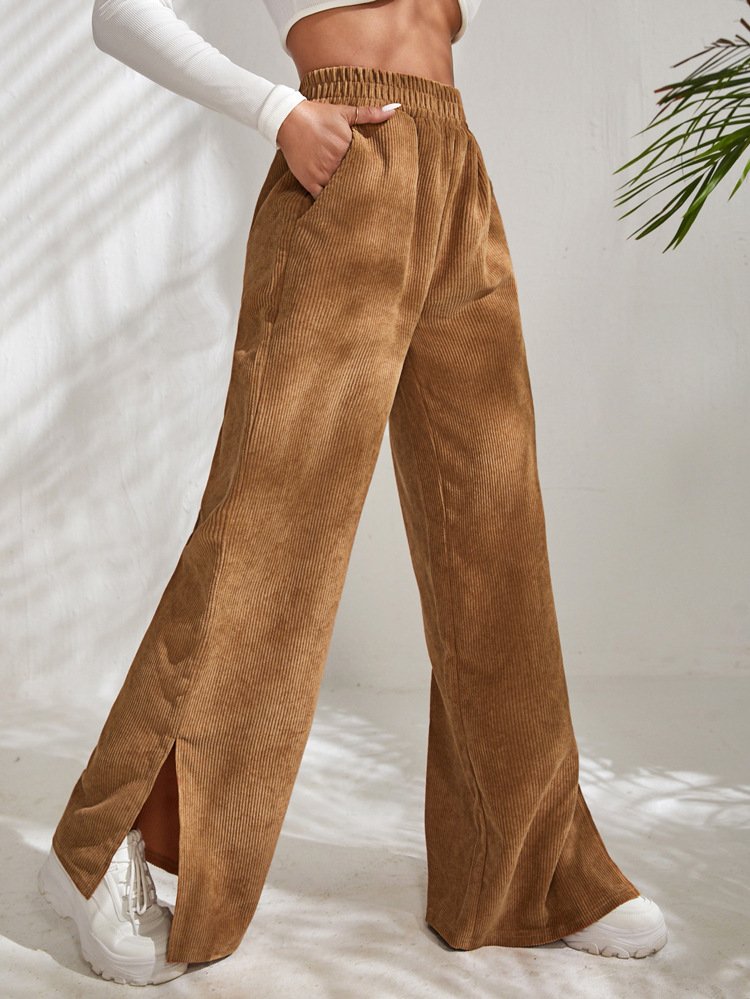 Women's  Elastic Waist H-Line Wide Leg Pants Daily Going Out Pants Deep Brown Casual Split Joint Plain Spring/Fall Pants