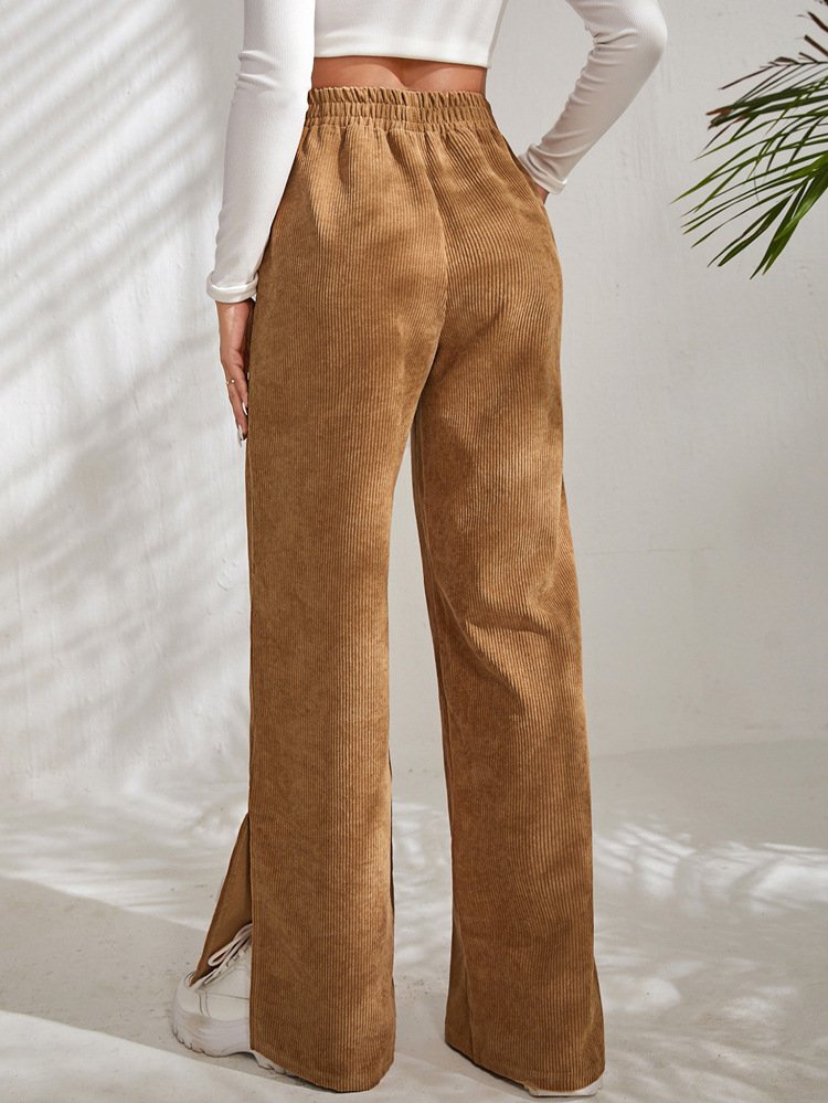 Women's  Elastic Waist H-Line Wide Leg Pants Daily Going Out Pants Deep Brown Casual Split Joint Plain Spring/Fall Pants