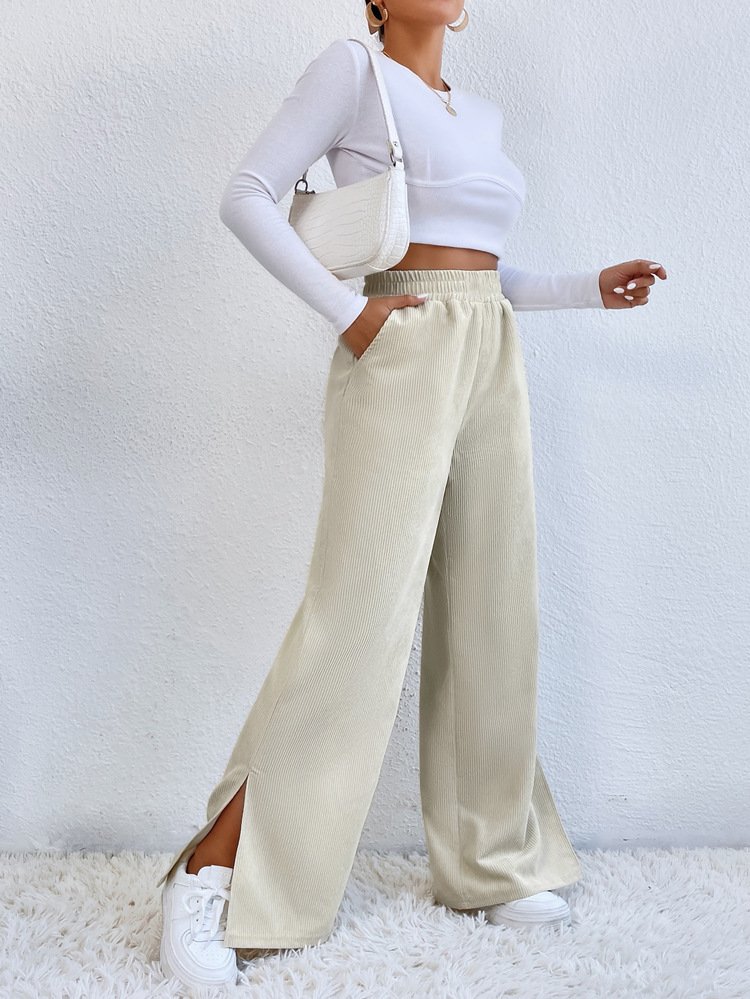 Women's  Elastic Waist H-Line Wide Leg Pants Daily Going Out Pants Deep Brown Casual Split Joint Plain Spring/Fall Pants