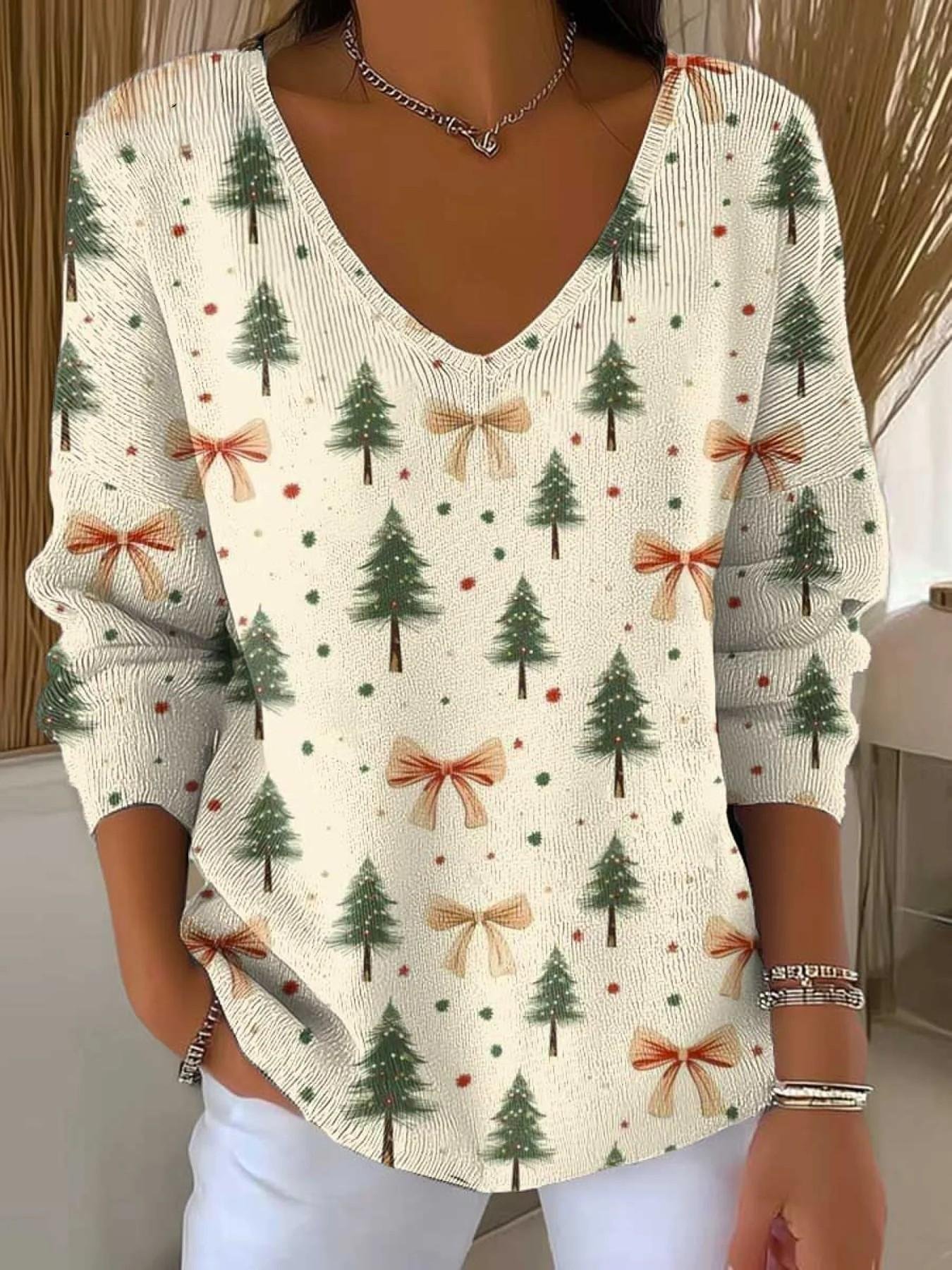 Christmas V Neck Casual Loose T-Shirt