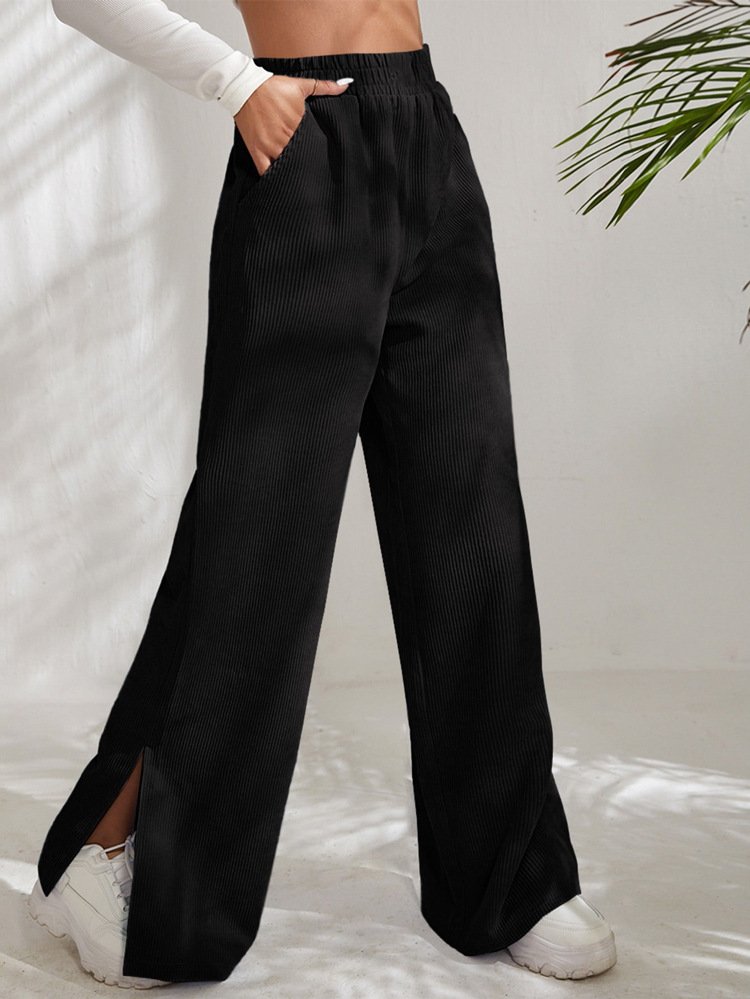 Women's  Elastic Waist H-Line Wide Leg Pants Daily Going Out Pants Deep Brown Casual Split Joint Plain Spring/Fall Pants
