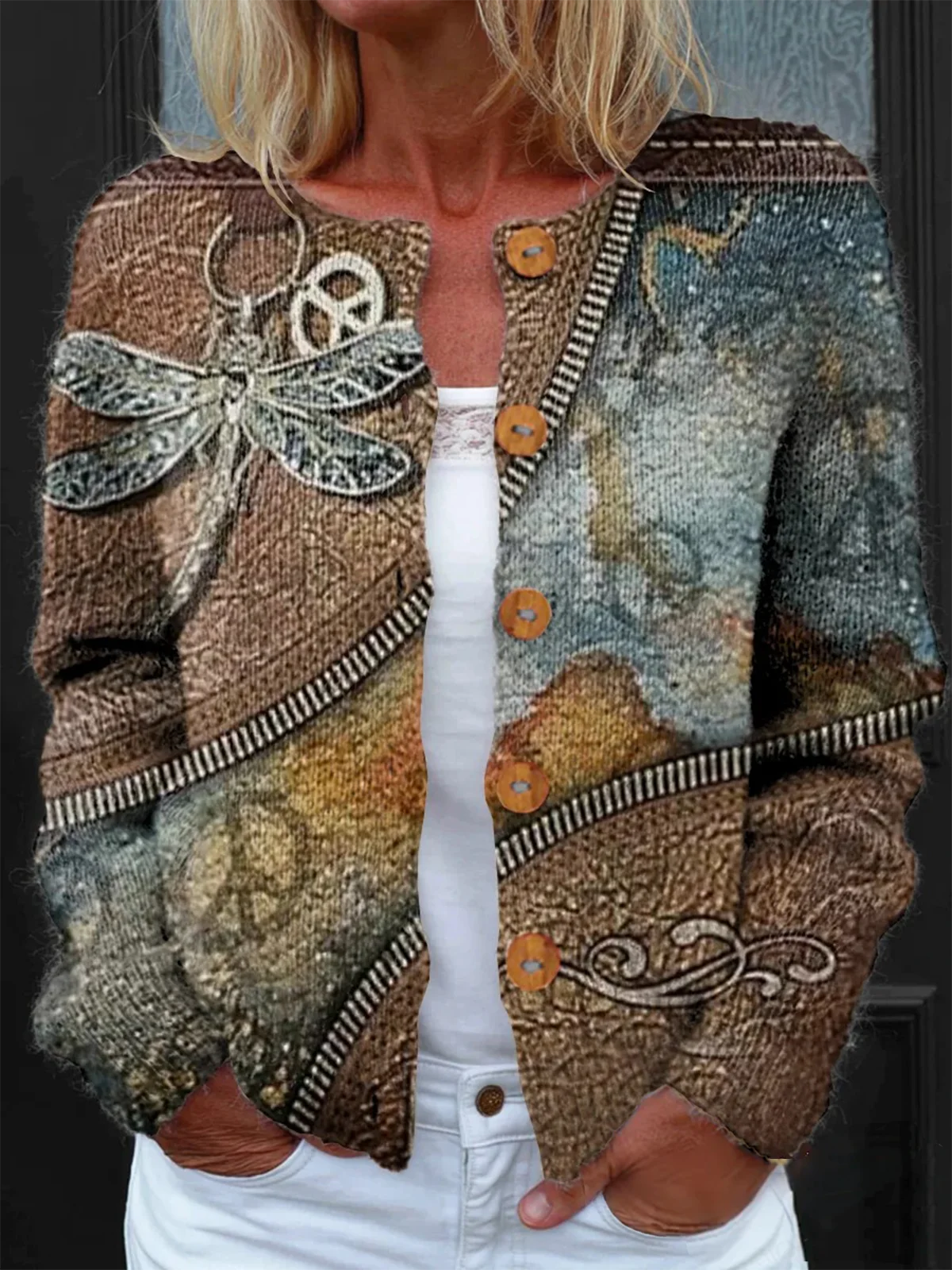 Crew Neck Casual Loose Knitted Cardigan