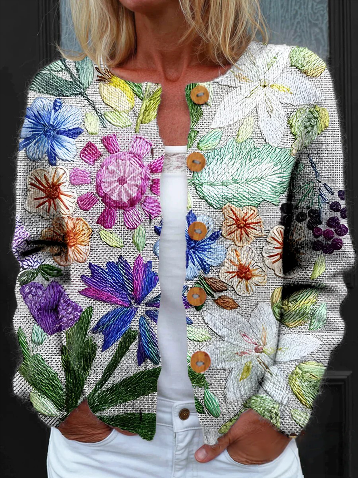 Multicolor Block Knitted Casual Crew Neck Cardigan