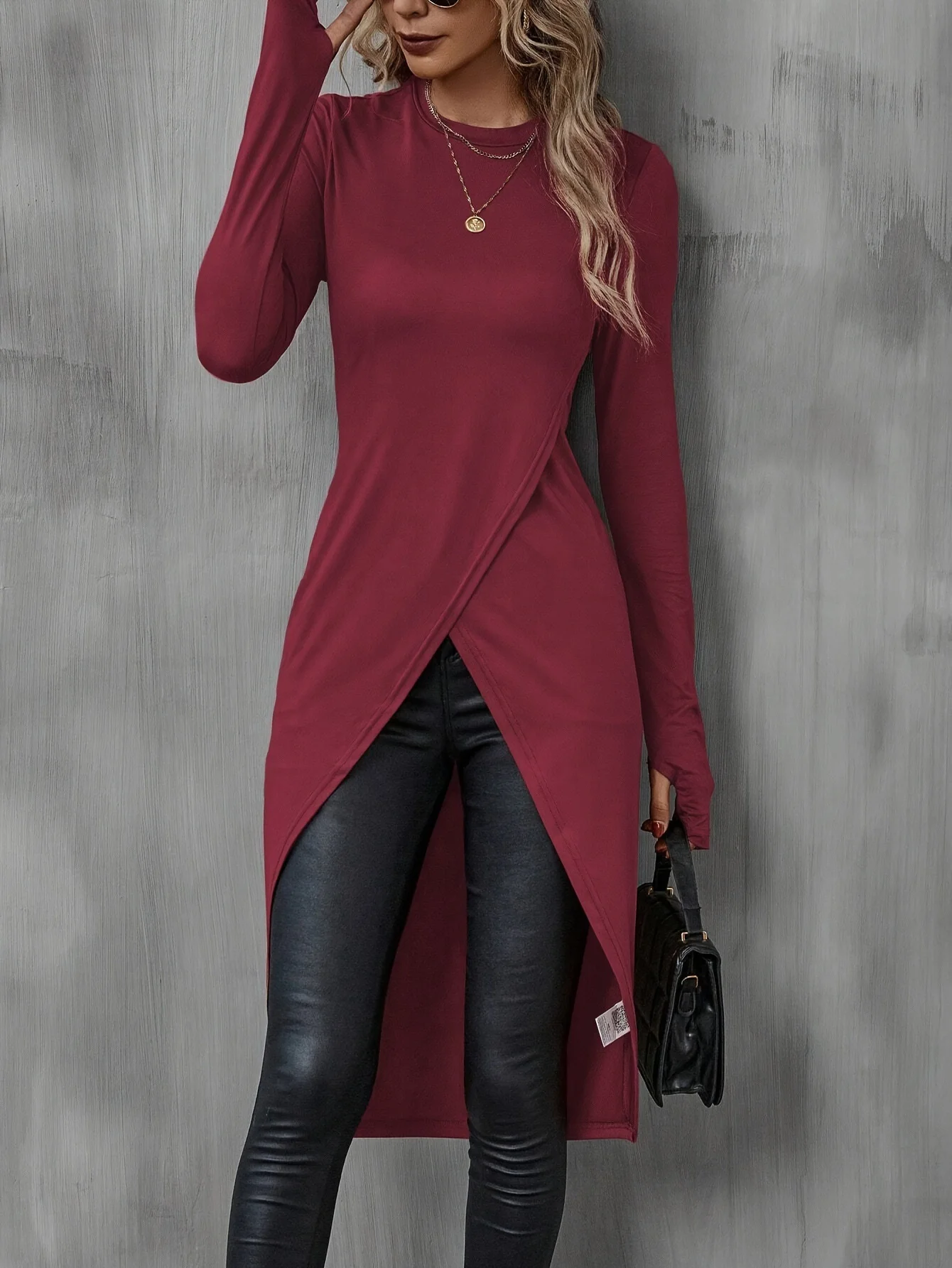 Women's Long Sleeve T-shirt Spring/Fall Wine Red Plain Split Joint Crew Neck Daily Going Out Vintage Top