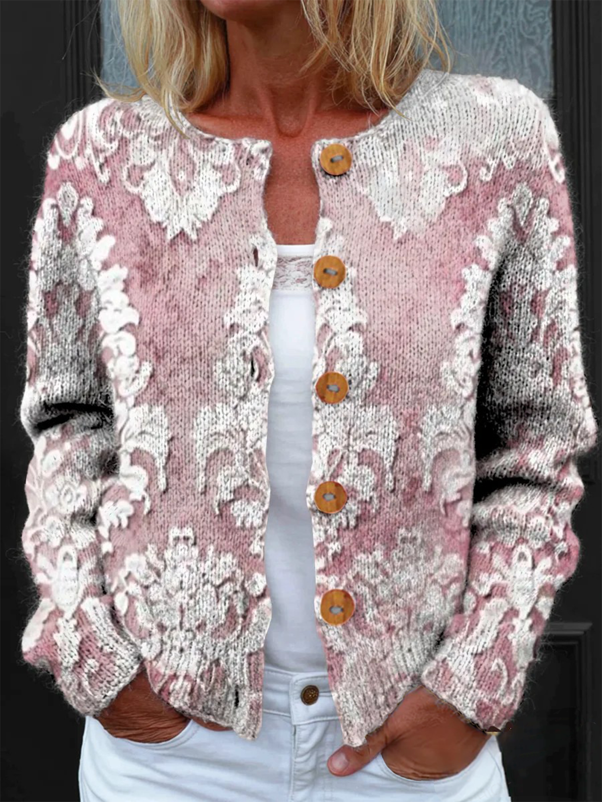 Loose Knitted Casual Crew Neck Cardigan