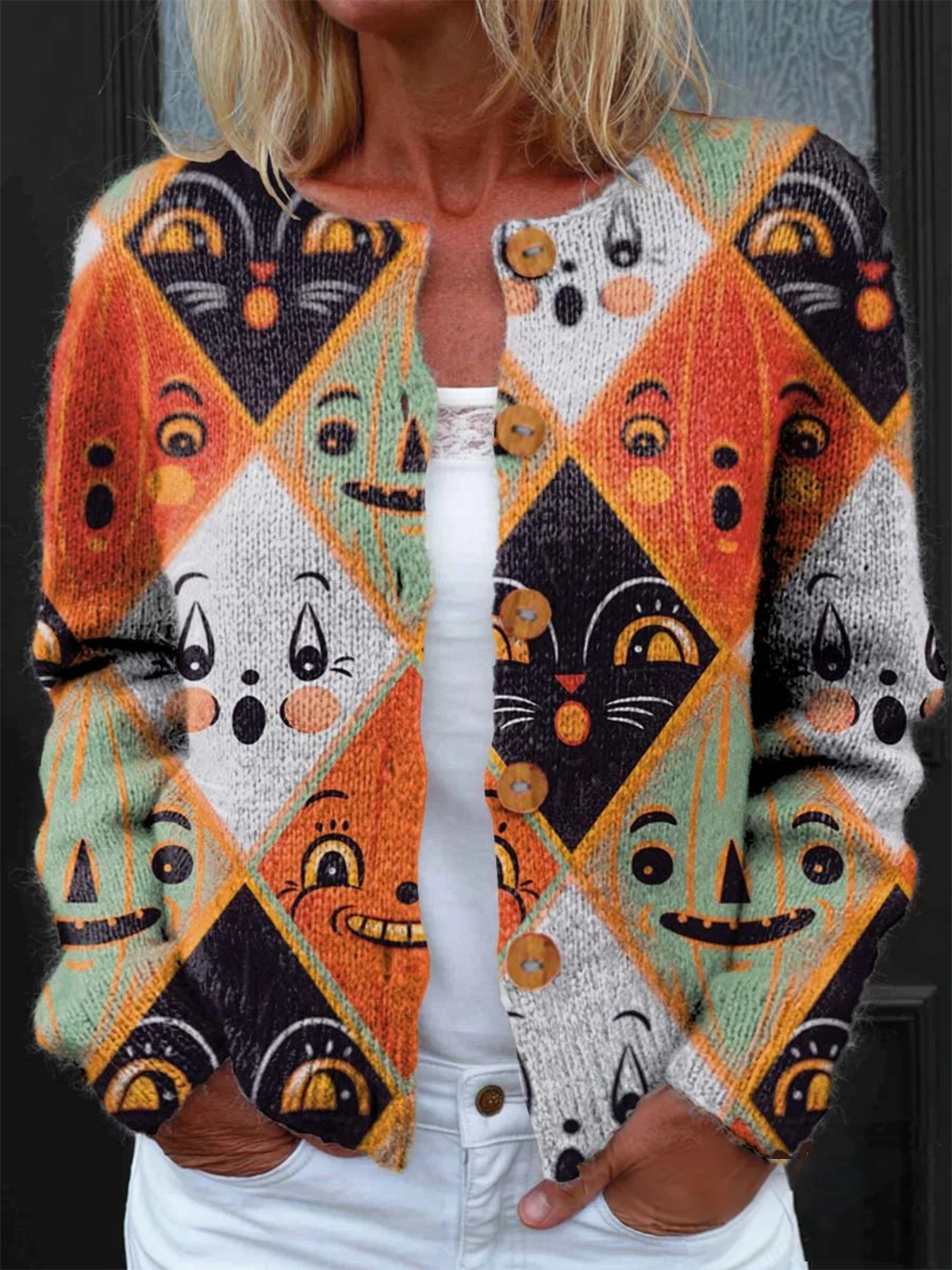 Floral Peasant Crew Neck Knitted Cardigan