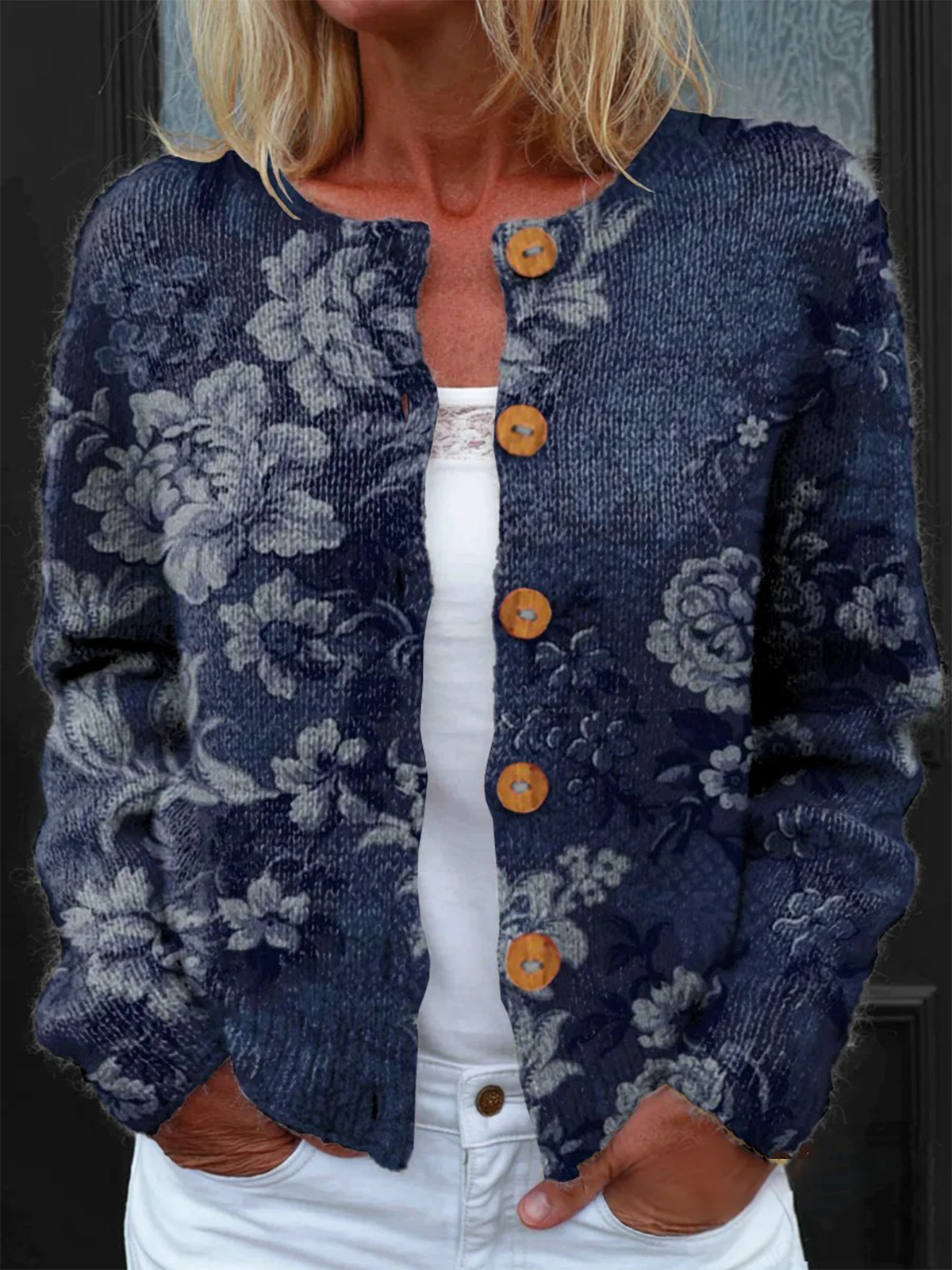 Loose Knitted Casual Crew Neck Cardigan