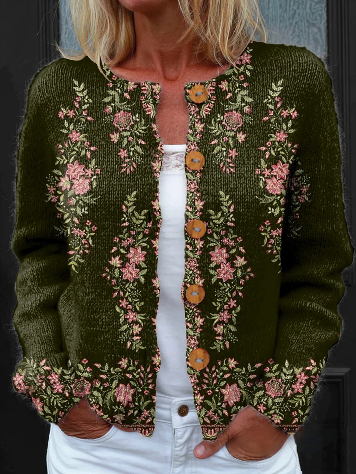 Knitted Crew Neck Vintage Cardigan