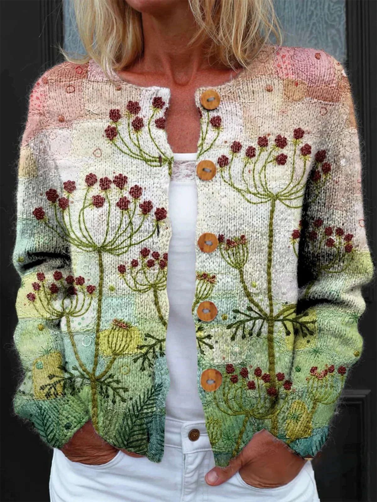 Crew Neck Casual Loose Knitted Cardigan