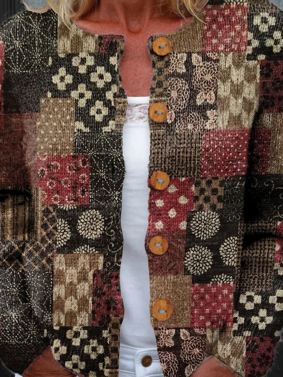 Geometric Knitted Crew Neck Vintage Cardigan