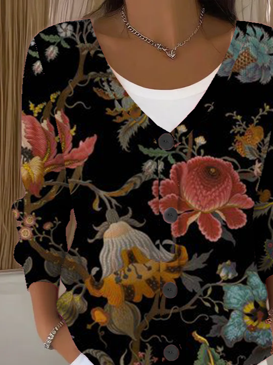 Women's Floral Print Casual Long Sleeve Button Cardigan
