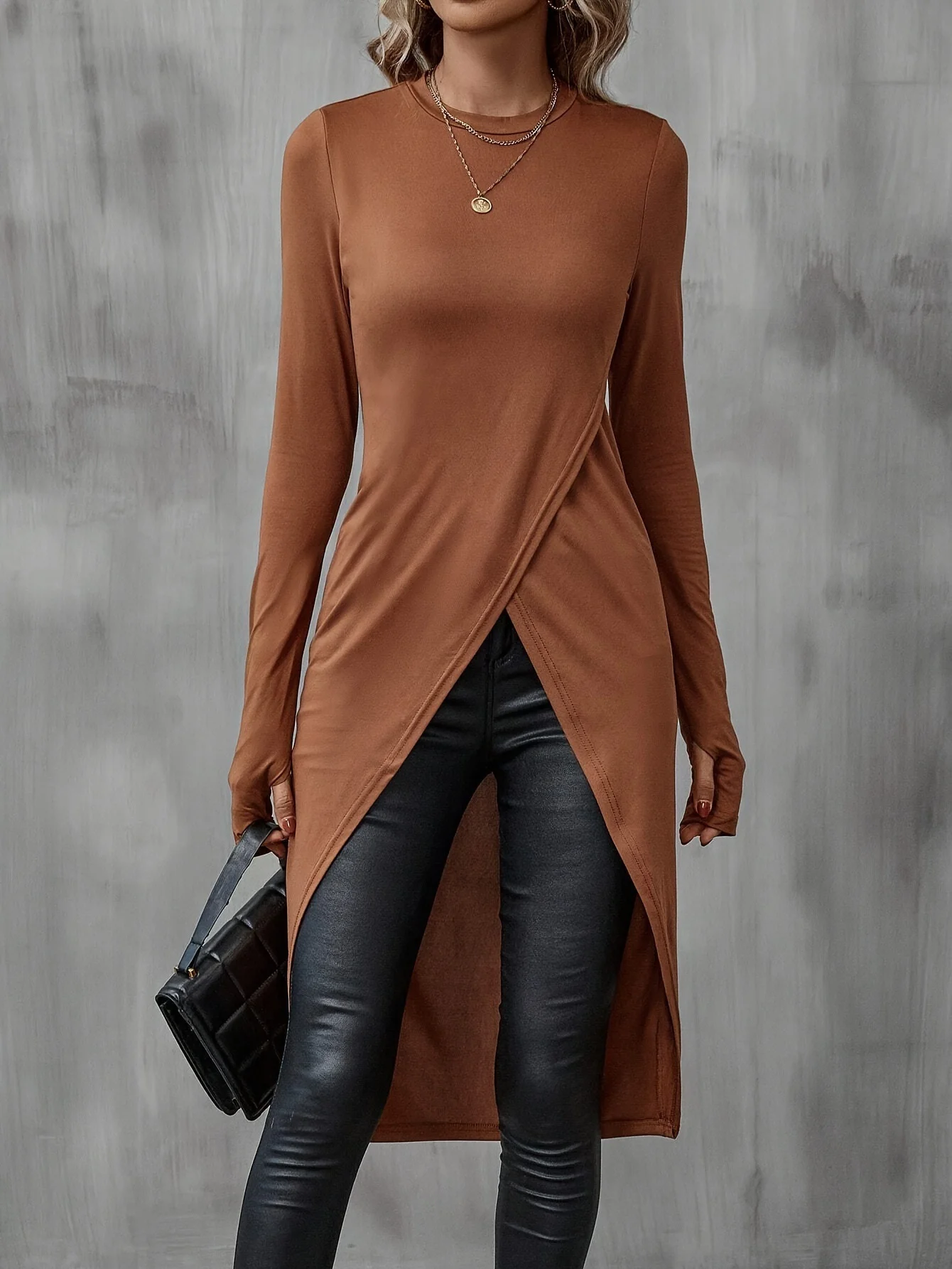 Women's Long Sleeve T-shirt Spring/Fall Wine Red Plain Split Joint Crew Neck Daily Going Out Vintage Top