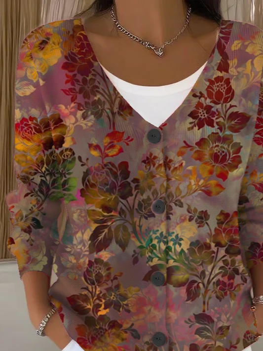 Women's Floral Print Casual Long Sleeve Button Cardigan