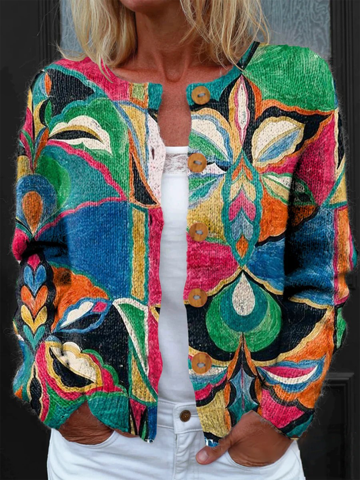 Peasant Knitted Loose Crew Neck Cardigan