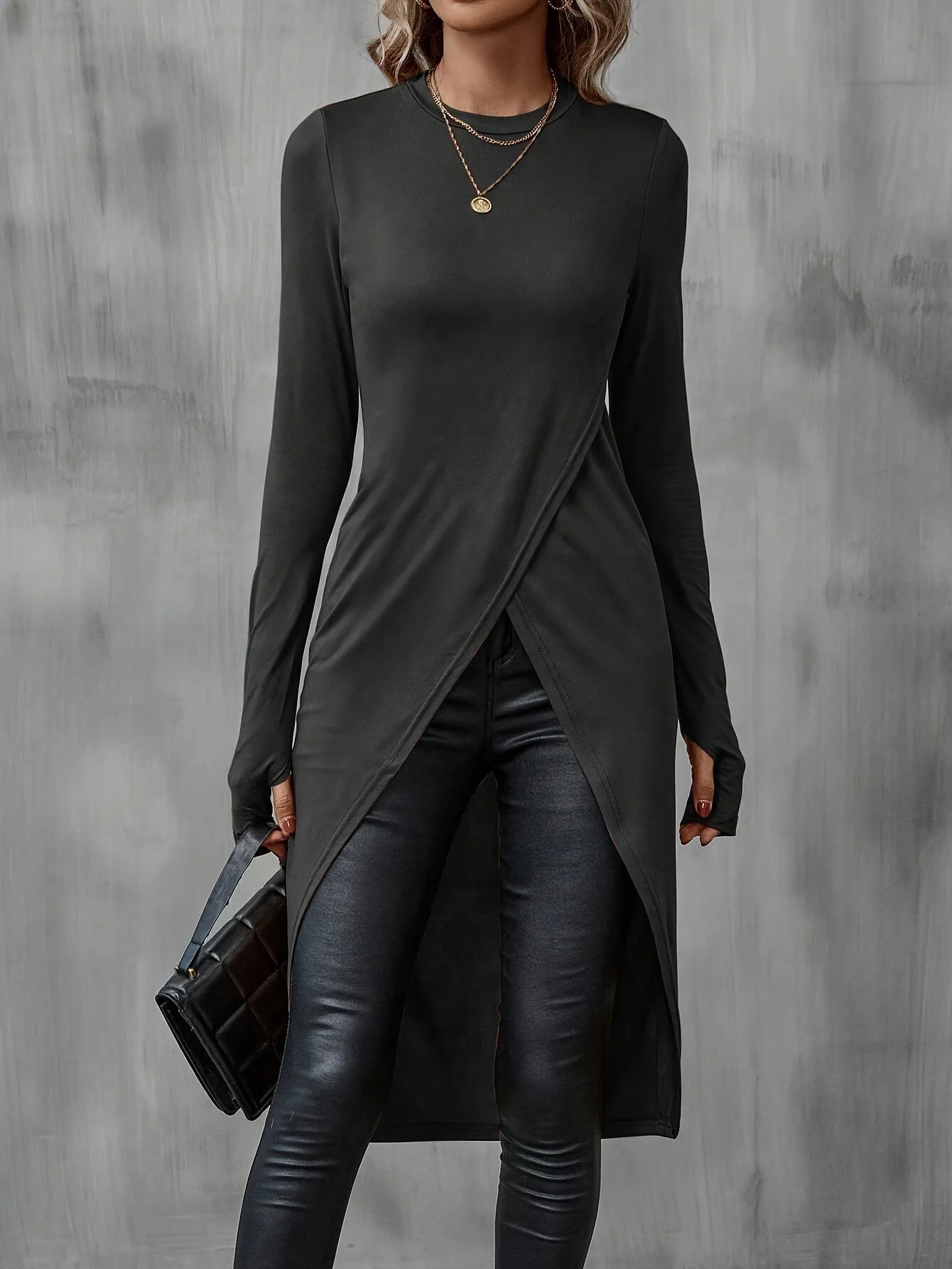 Women's Long Sleeve T-shirt Spring/Fall Wine Red Plain Split Joint Crew Neck Daily Going Out Vintage Top
