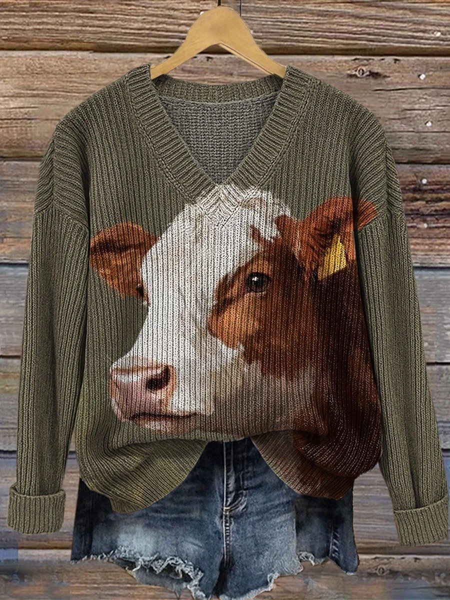 Casual Loose Animal Picture V Neck Sweater