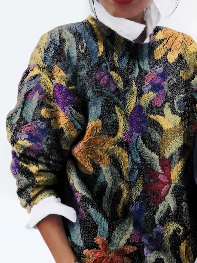 Women's Abstract Floral Print Casual Long Sleeve Crew Neck Sweater
