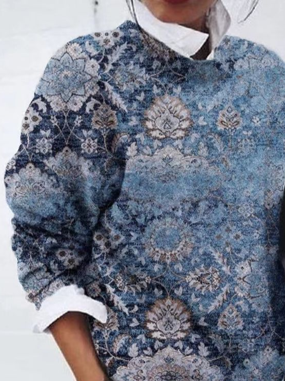 Women's Floral Print Casual Long Sleeve Crew Neck Sweater