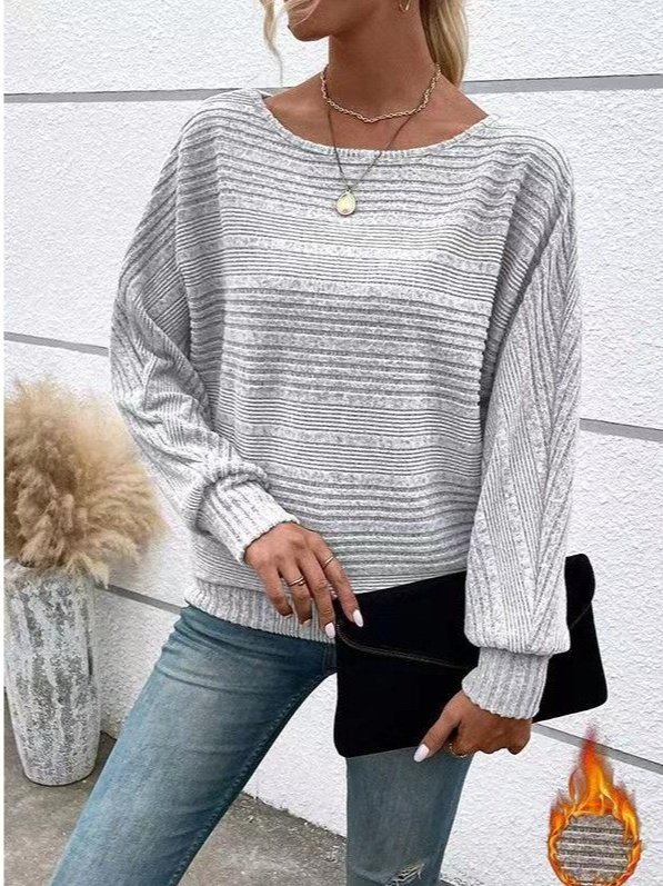 Women's Long Sleeve T-shirt Spring/Fall Light Gray Plain Jacquard Crew Neck Daily Going Out Vintage Top
