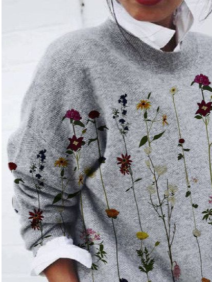 Women's Floral Print Casual Long Sleeve Crew Neck Sweater