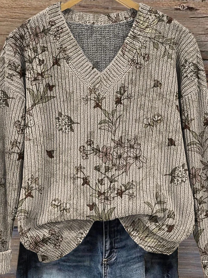 V Neck Floral Casual Loose Sweater