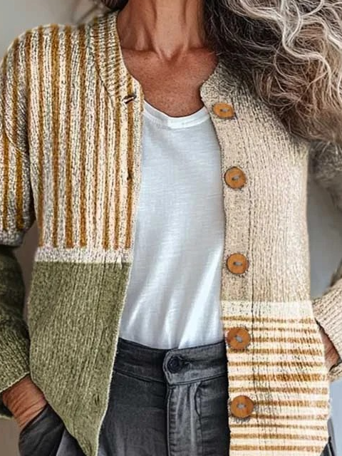 Crew Neck Multicolor Block Knitted Ethnic Cardigan