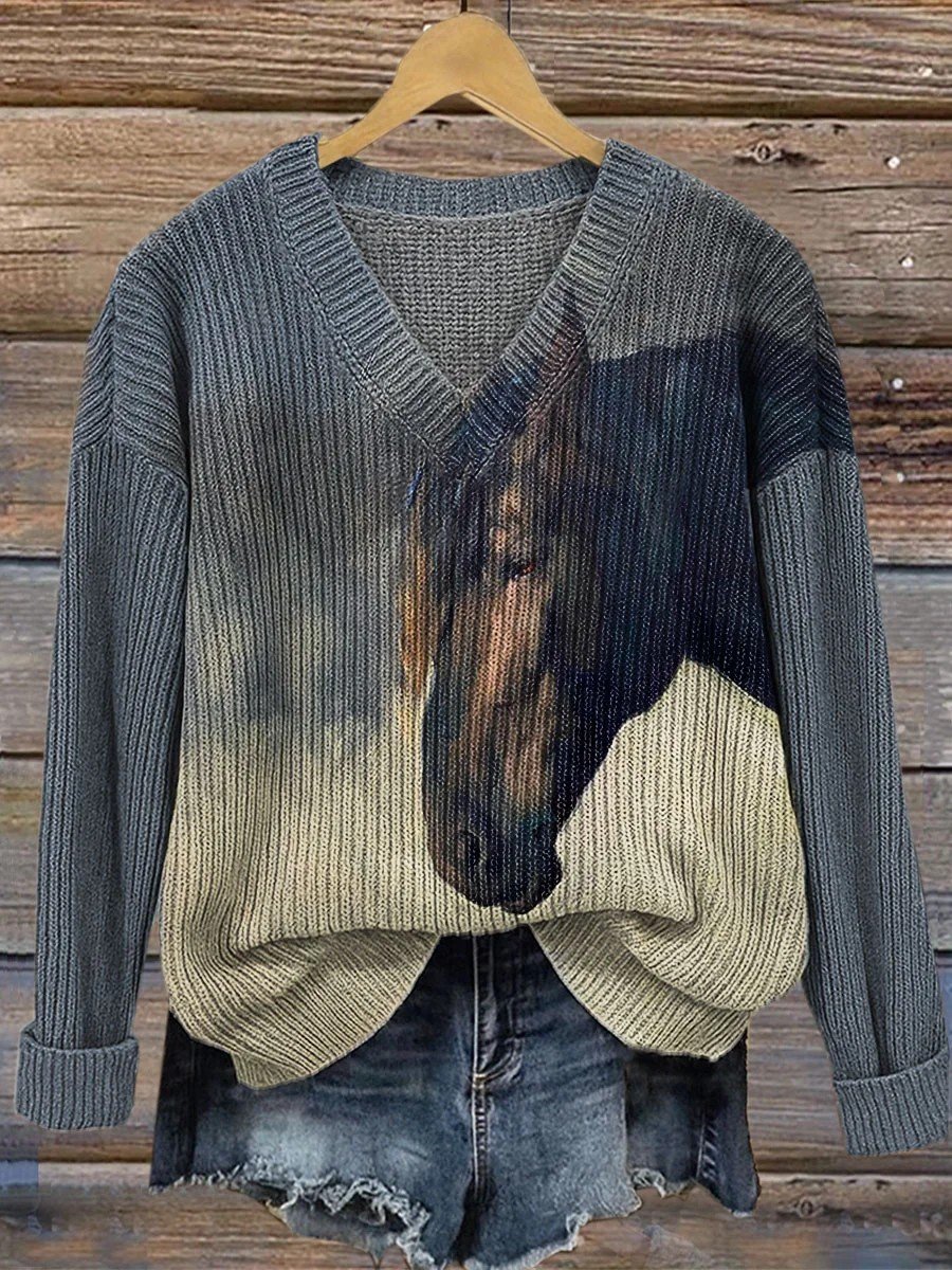 Loose Ethnic Animal Picture V Neck Sweater
