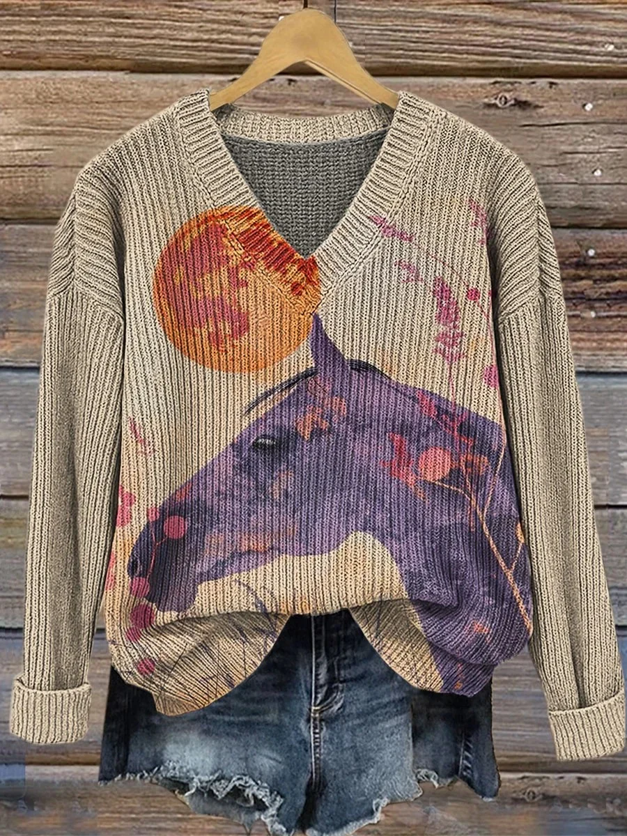 V Neck Ethnic Animal Picture Loose Sweater
