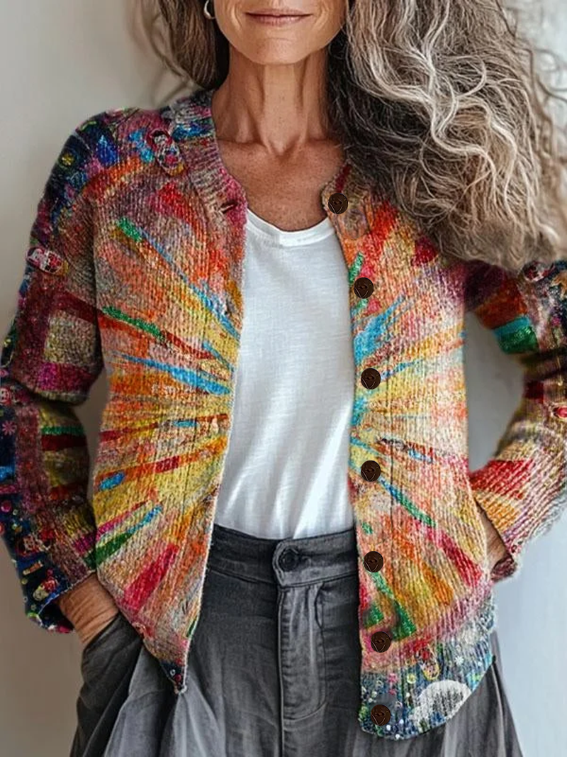 Women's Abstract Print Casual Button Cardigan