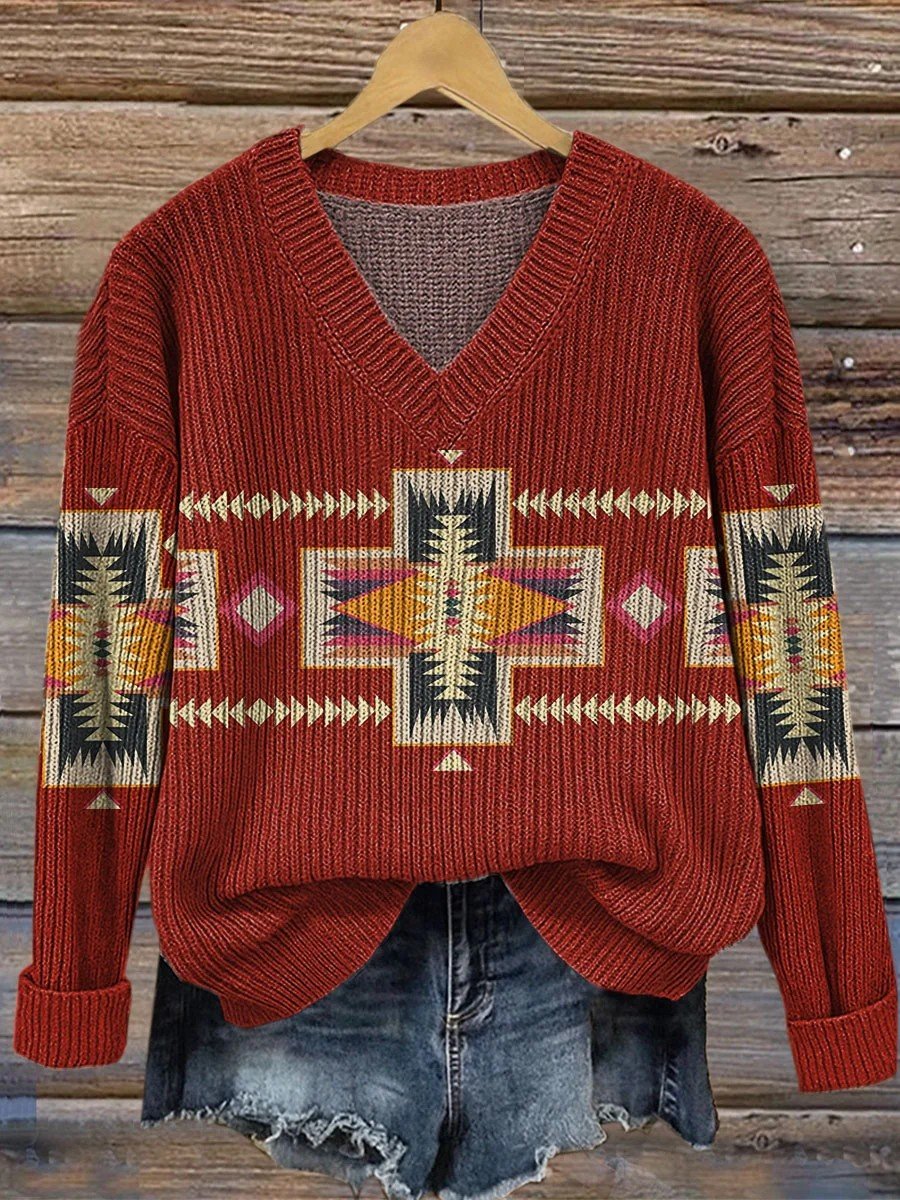 V Neck Ethnic Geometry Casual Loose Sweater