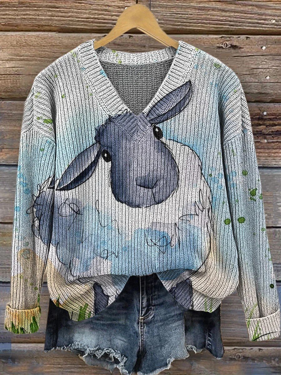 V Neck Ethnic Animal Picture Loose Sweater