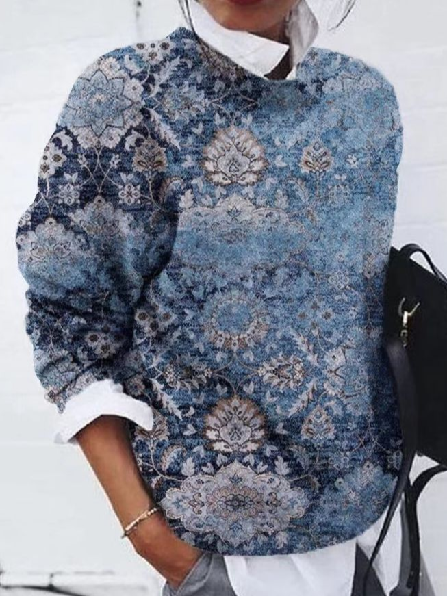 Women's Floral Print Casual Long Sleeve Crew Neck Sweater