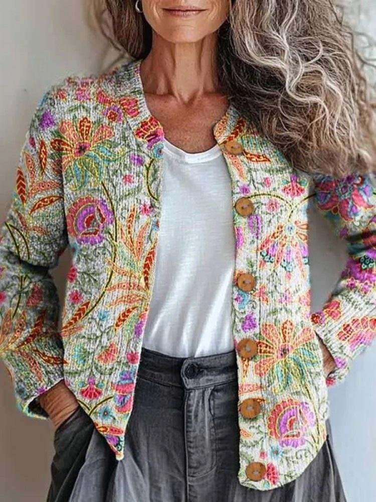 Crew Neck Loose Ethnic Floral Cardigan
