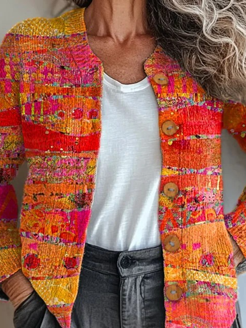 Knitted Casual Crew Neck Multicolor Block Cardigan