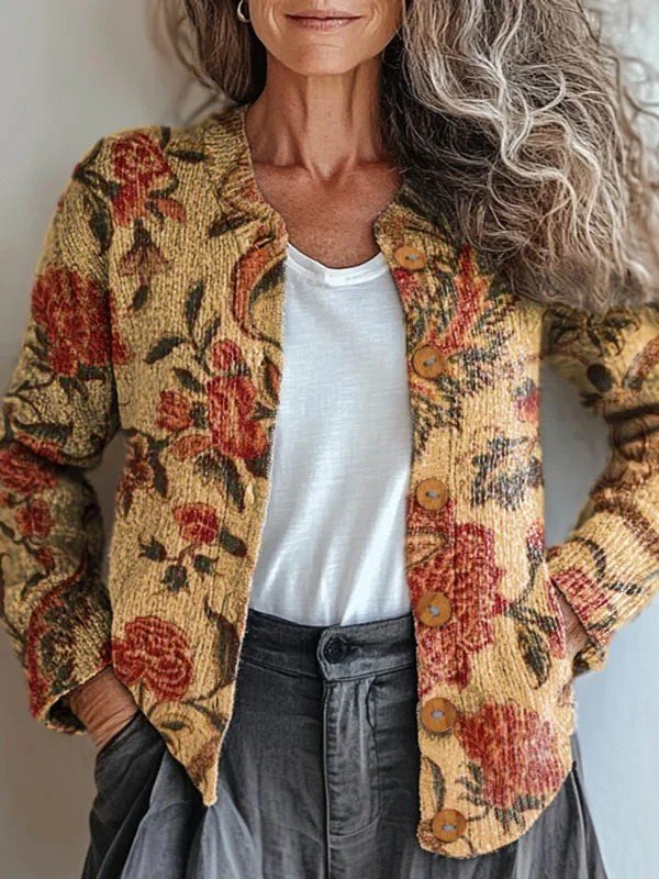Loose Casual Crew Neck Floral Cardigan